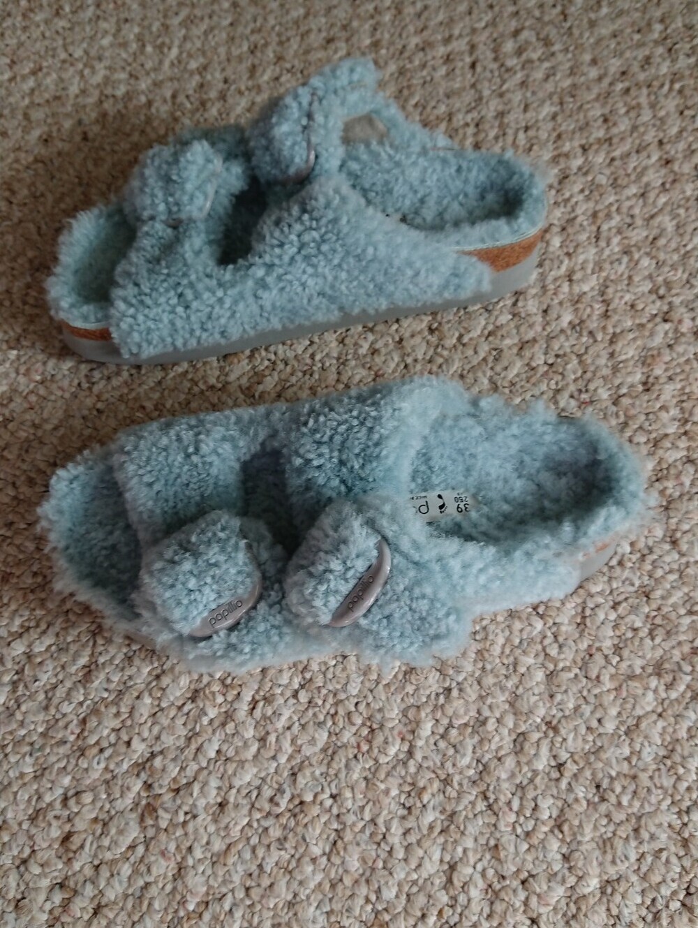 Birkenstock Papillio Buckle Shearling Platform Teddy Aqua blue Slide sz 8.5/250 - Picture 3 of 13